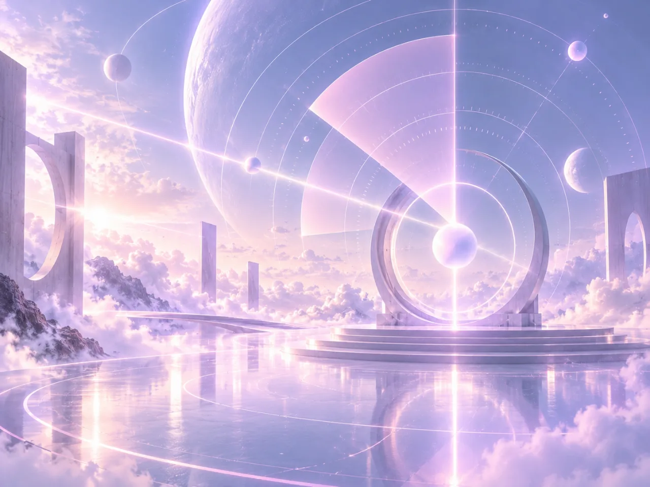 A pale violet observatory: a marble radar ring over a reflective floor, planets drifting on thin orbital lines.