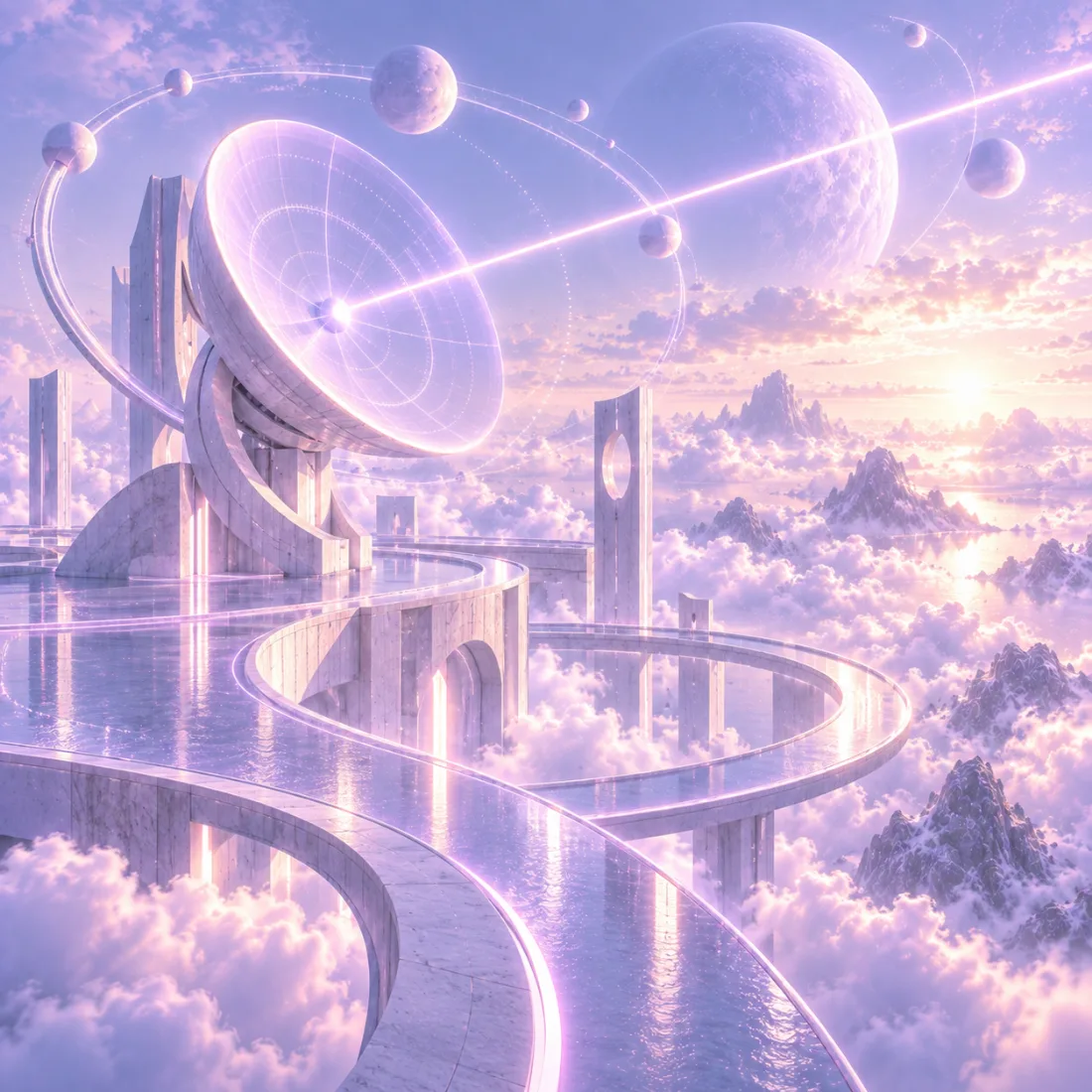 A pastel dish antenna on marble scaffolding above a sea of clouds, a single beam crossing the sky.
